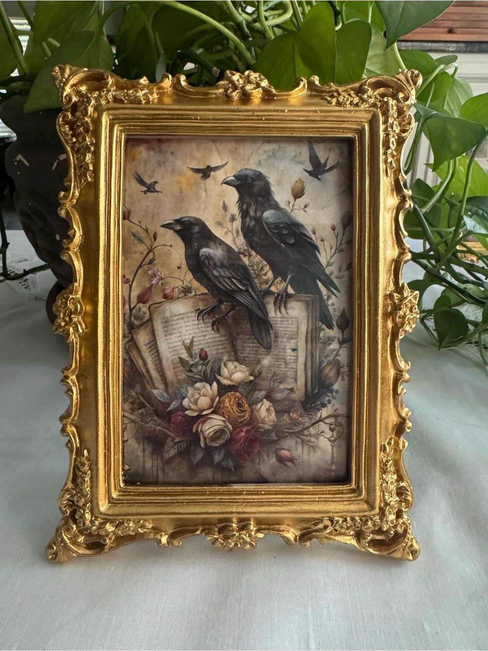 Gold Ornate Frame with Raven Botanical Print - Decorative Home Accent 8” x 6”